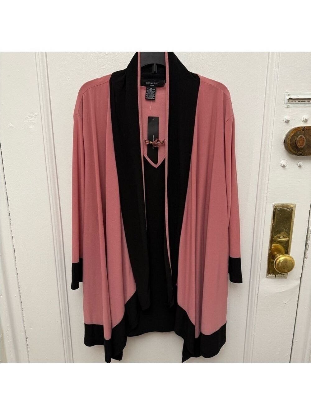 Liz McCoy Pink and Black Cardigan Style Blouse With Beads Size 1X New